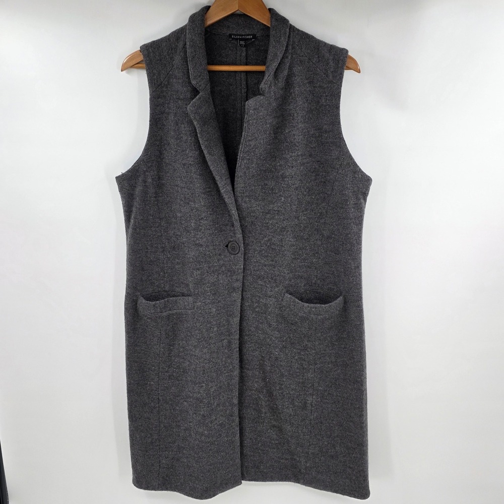 Eileen Fisher Merino Wool Long Vest Gray Notched Lapel Single Button Large L/G